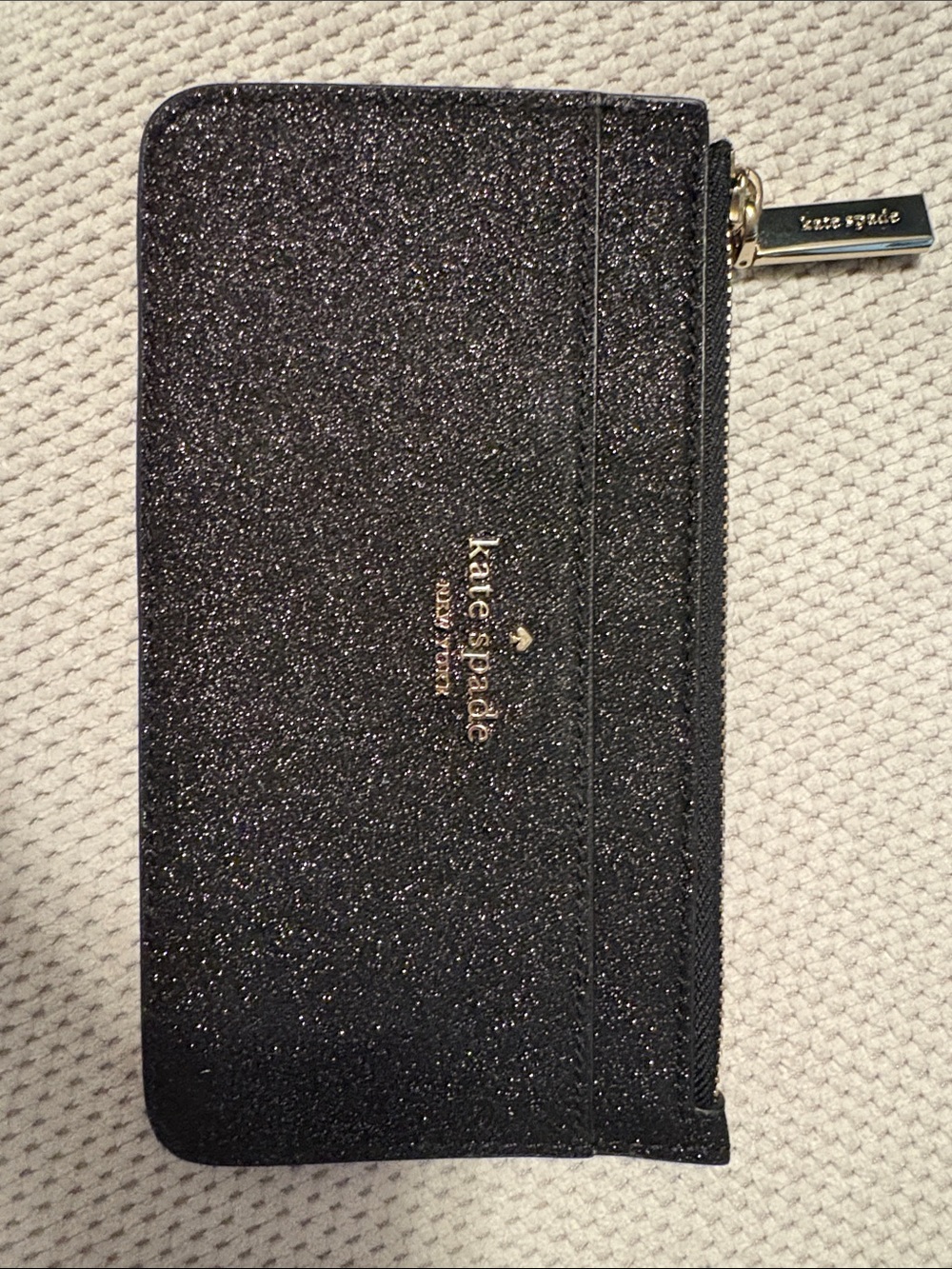 kate spade Black Glitter Zip Around Card Wallet with Gold Hardware